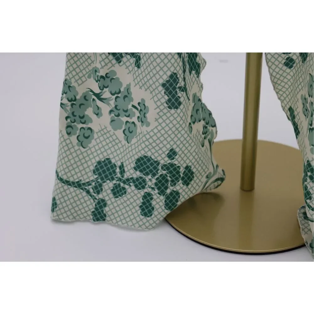 Vintage Green Floral‎ Lettuce Edge Scarf Long Square Rounded Ends Retro